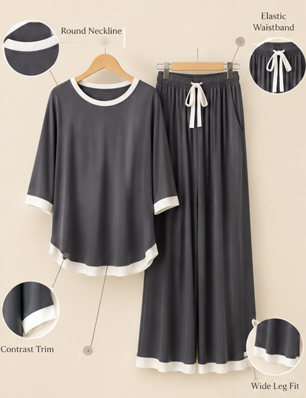 Grey White Round Neck Plazzo PJ Set