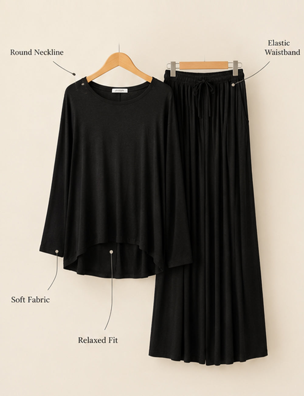 Deep Black Round Neck Plazzo PJ Set