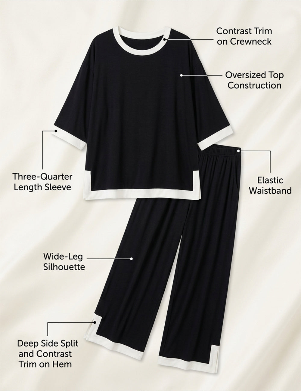 Black White Round Neck Plazzo PJ Set