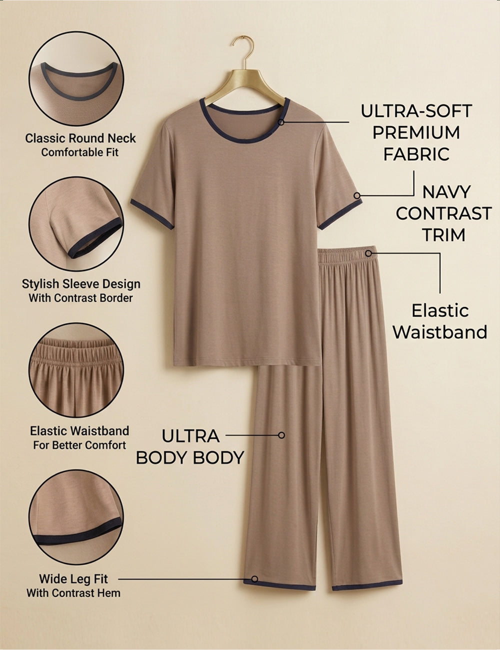 Skin black Round Neck Plazzo PJ Set