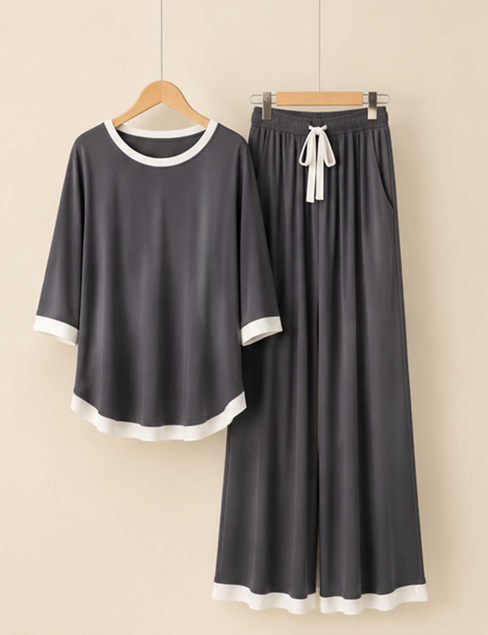 Grey White Round Neck Plazzo PJ Set
