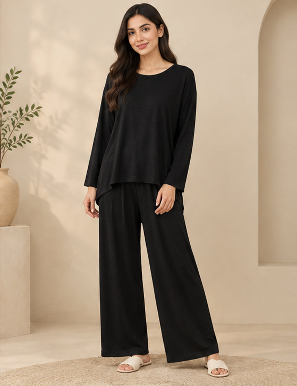 Deep Black Round Neck Plazzo PJ Set