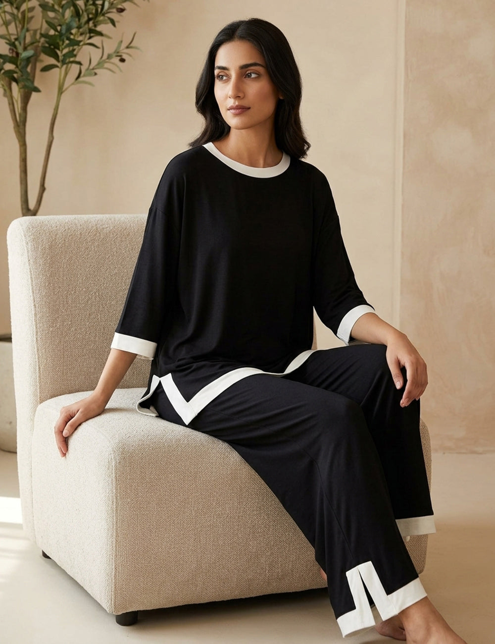 Black White Round Neck Plazzo PJ Set