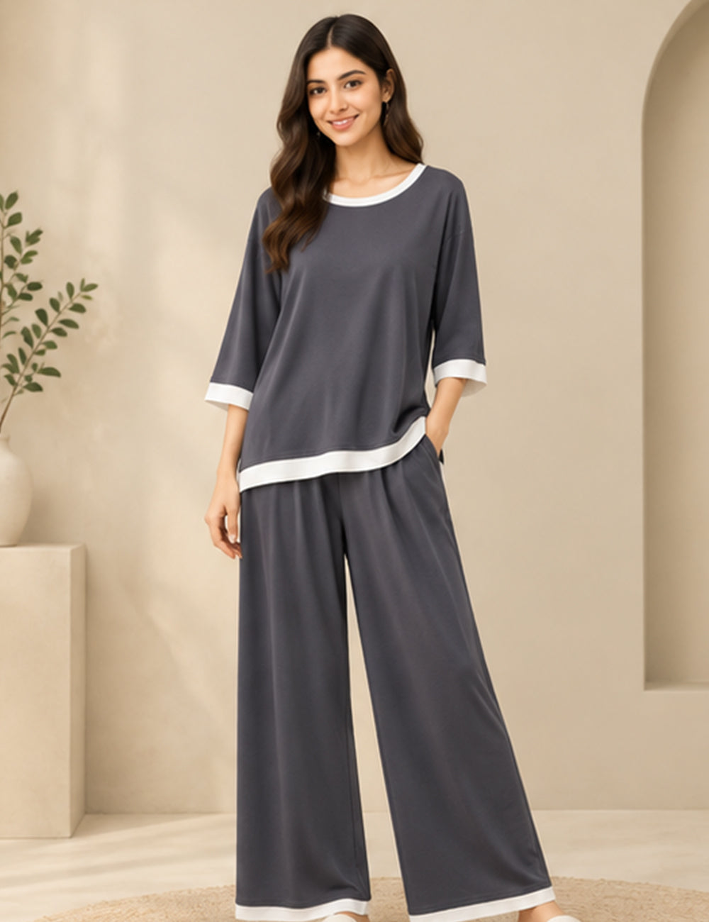 Grey White Round Neck Plazzo PJ Set