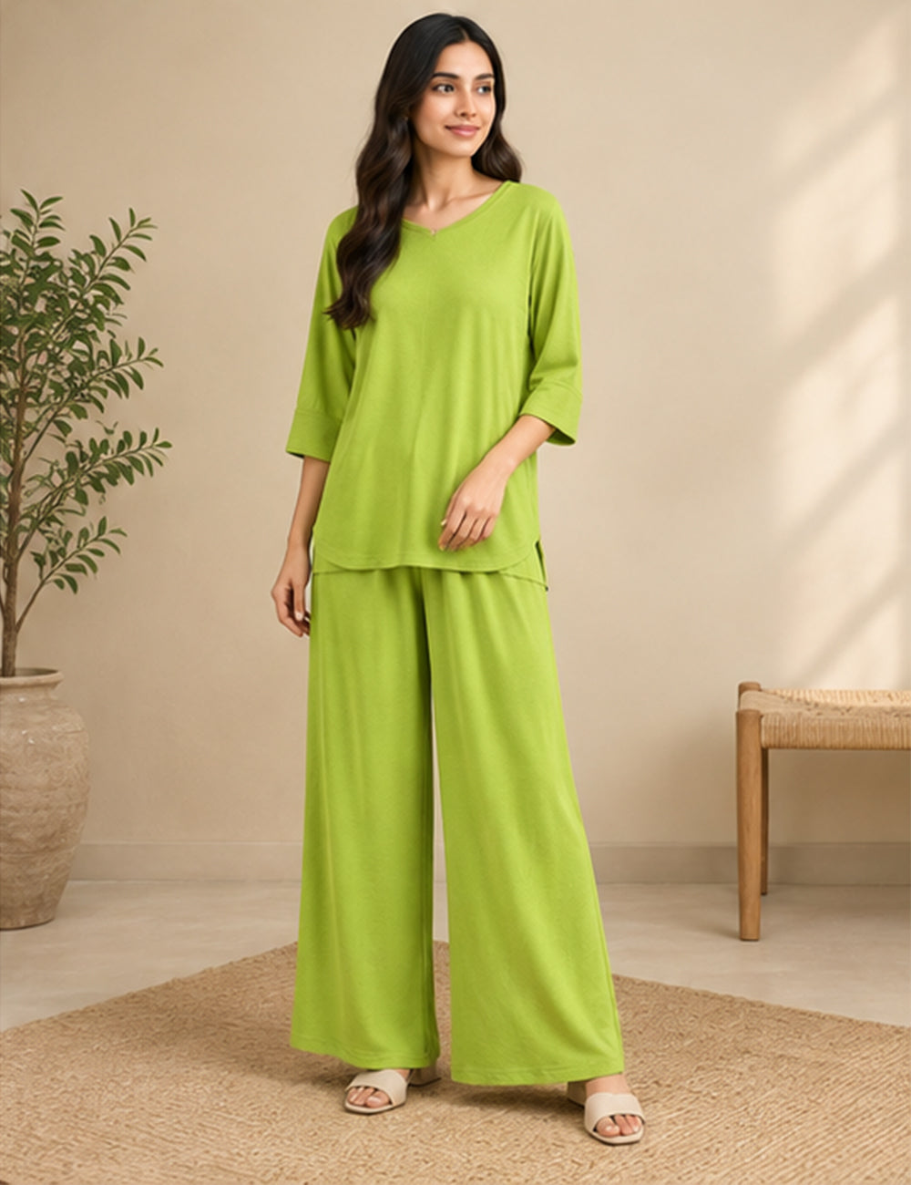 Lemon Green V-Neck Women Night Suit PJ Set