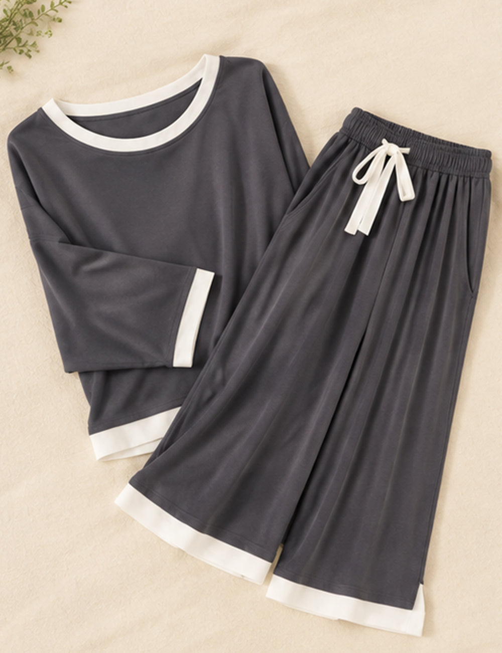 Grey White Round Neck Plazzo PJ Set