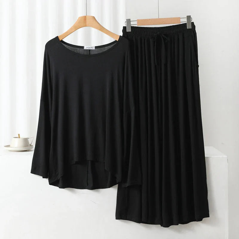 Deep Black Round Neck Plazzo PJ Set