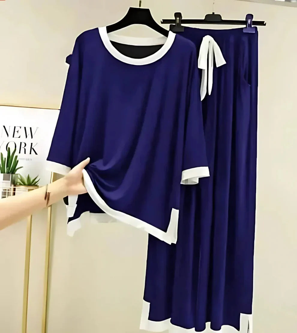 Navy Blue White Round Neck Plazzo PJ Set