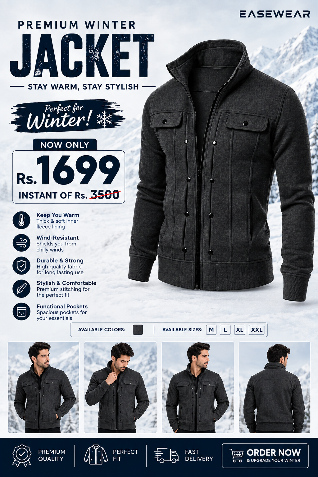 Dark Charcoal Modern Style Zipper Jacket For Men