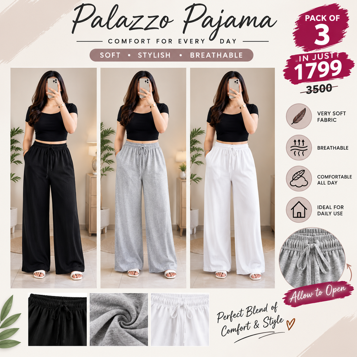 Premium Palazzo Pajama – Pack of 3
