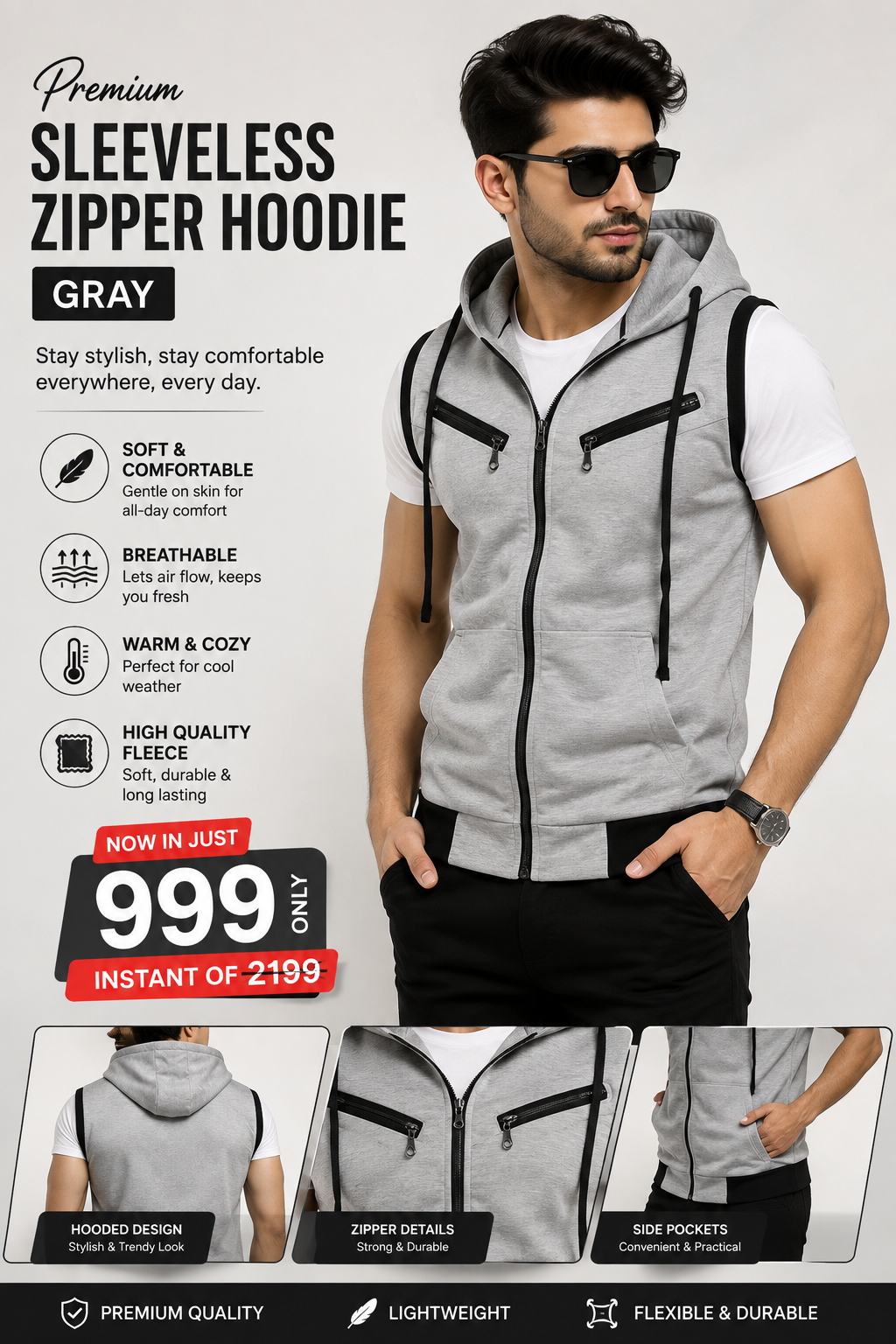 Sleeveless Zipper Hoodie – Gray