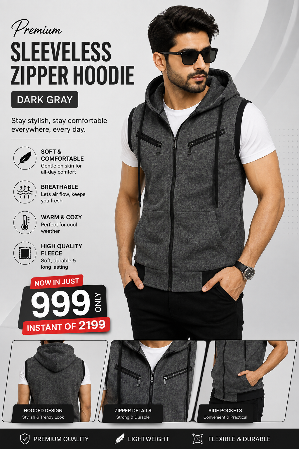 Sleeveless Zipper Hoodie - Charcoal
