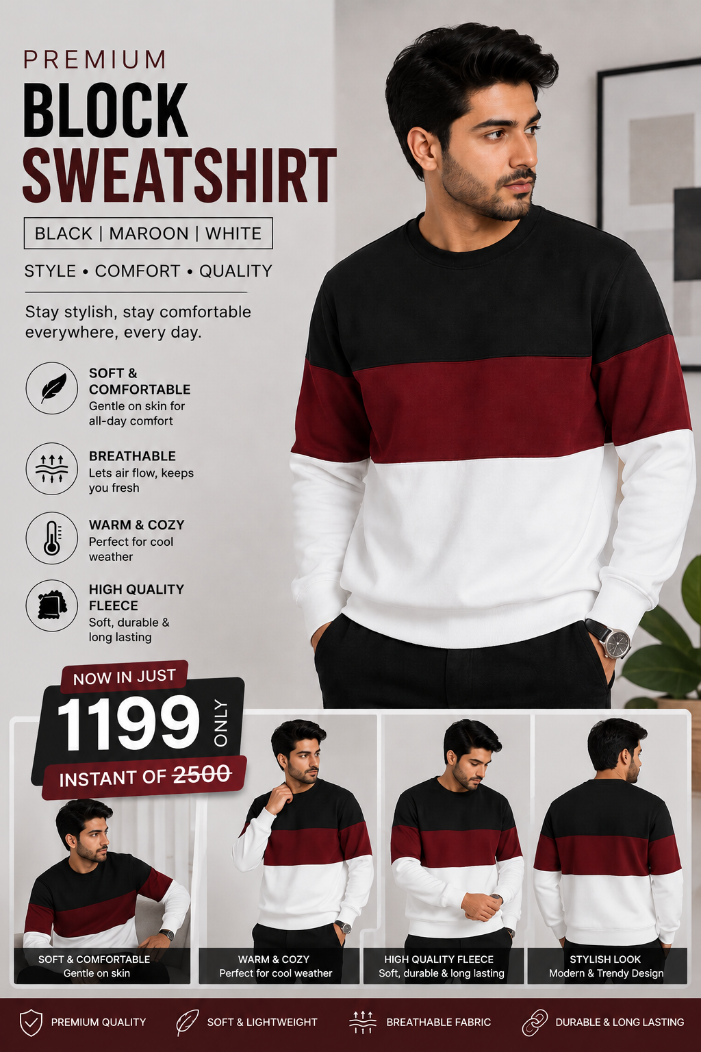 Black Maroon and White Block Sweatshirt