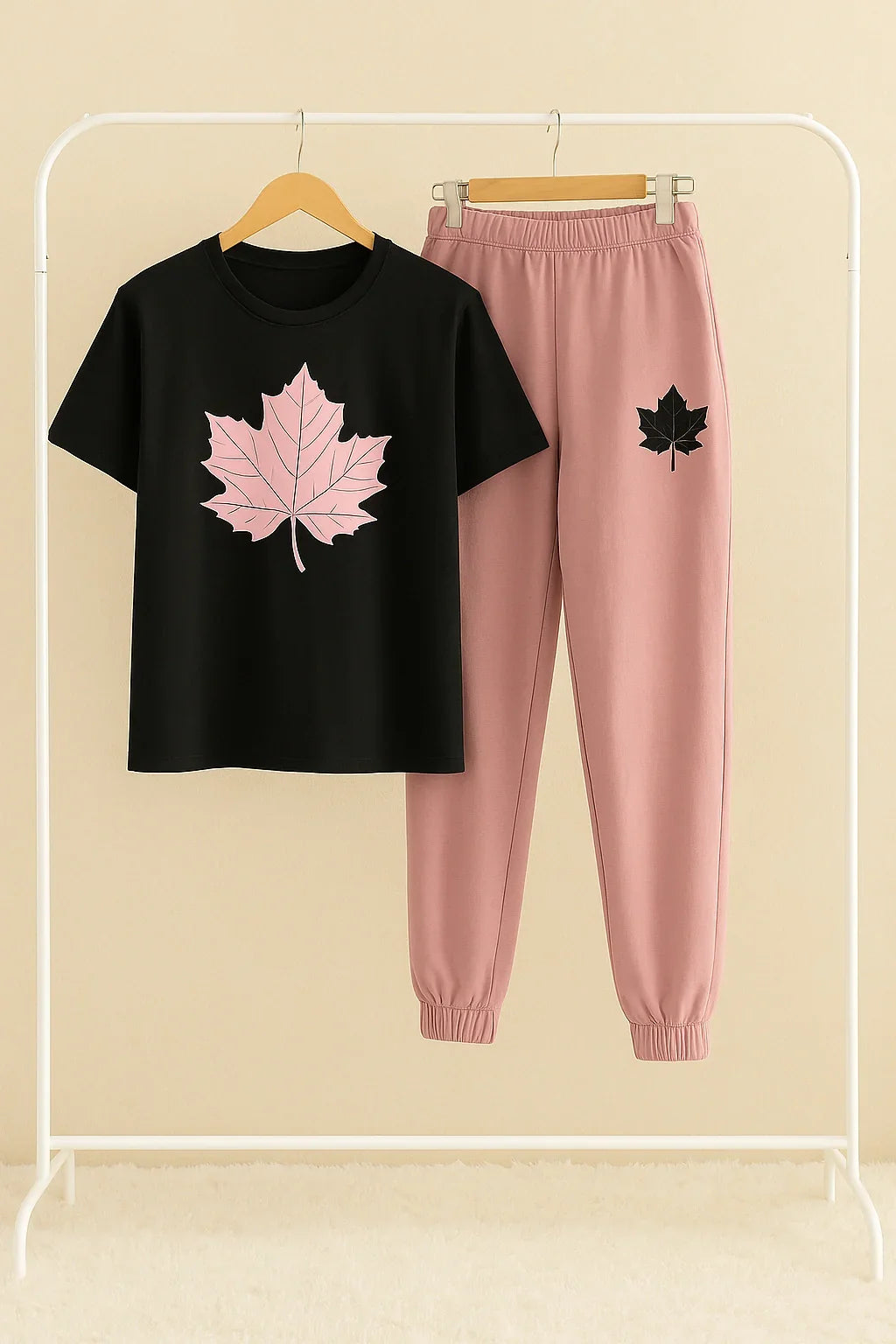 Leaf Printed Black Shirt And Pink Trouser