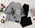 Grey Planet Music With Black Pajama Printed Night Suit