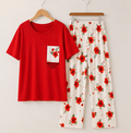 Red Pocket Flower printed Night Suit
