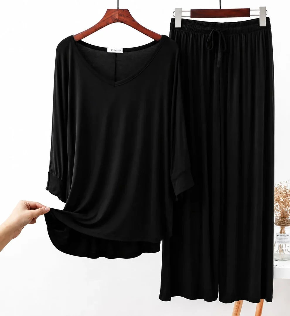 Black V-Neck Women Night Suit PJ Set
