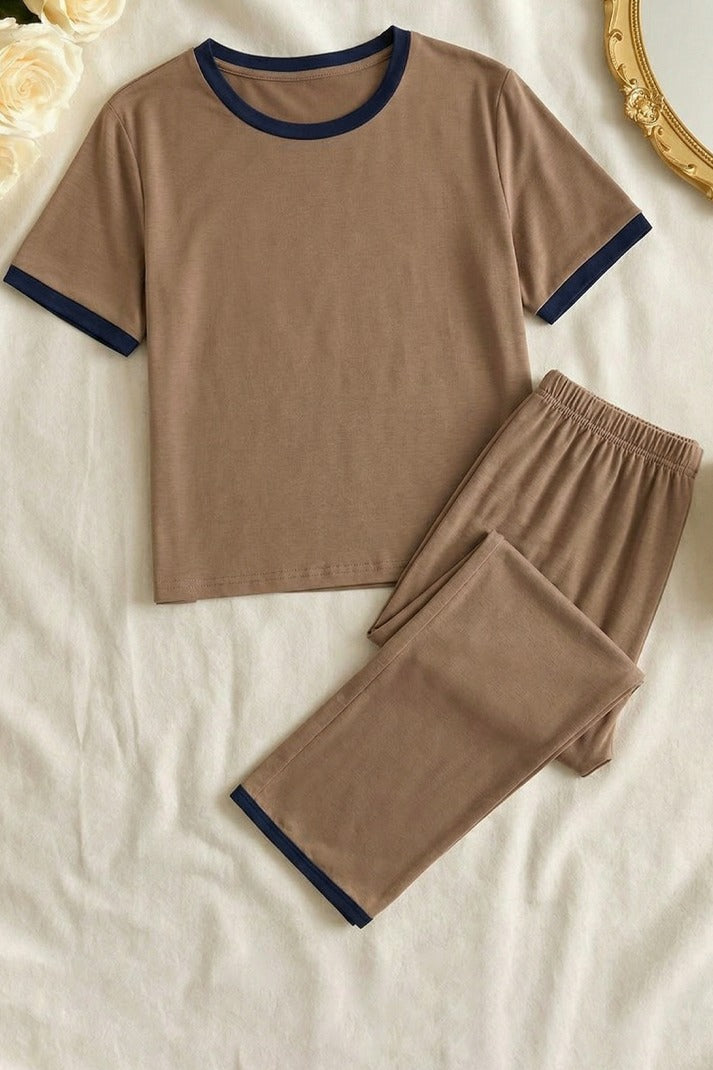 Plain Coffee Colour Tshirt With Black Round Neck And PLazo Pajama (Half Seeleve)