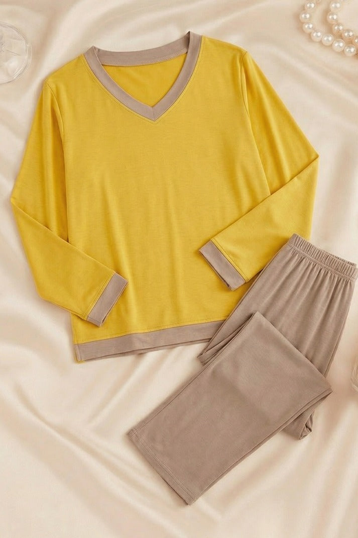 Yellow V-Neck T-Shirt with Contrast Trouser PJ Set